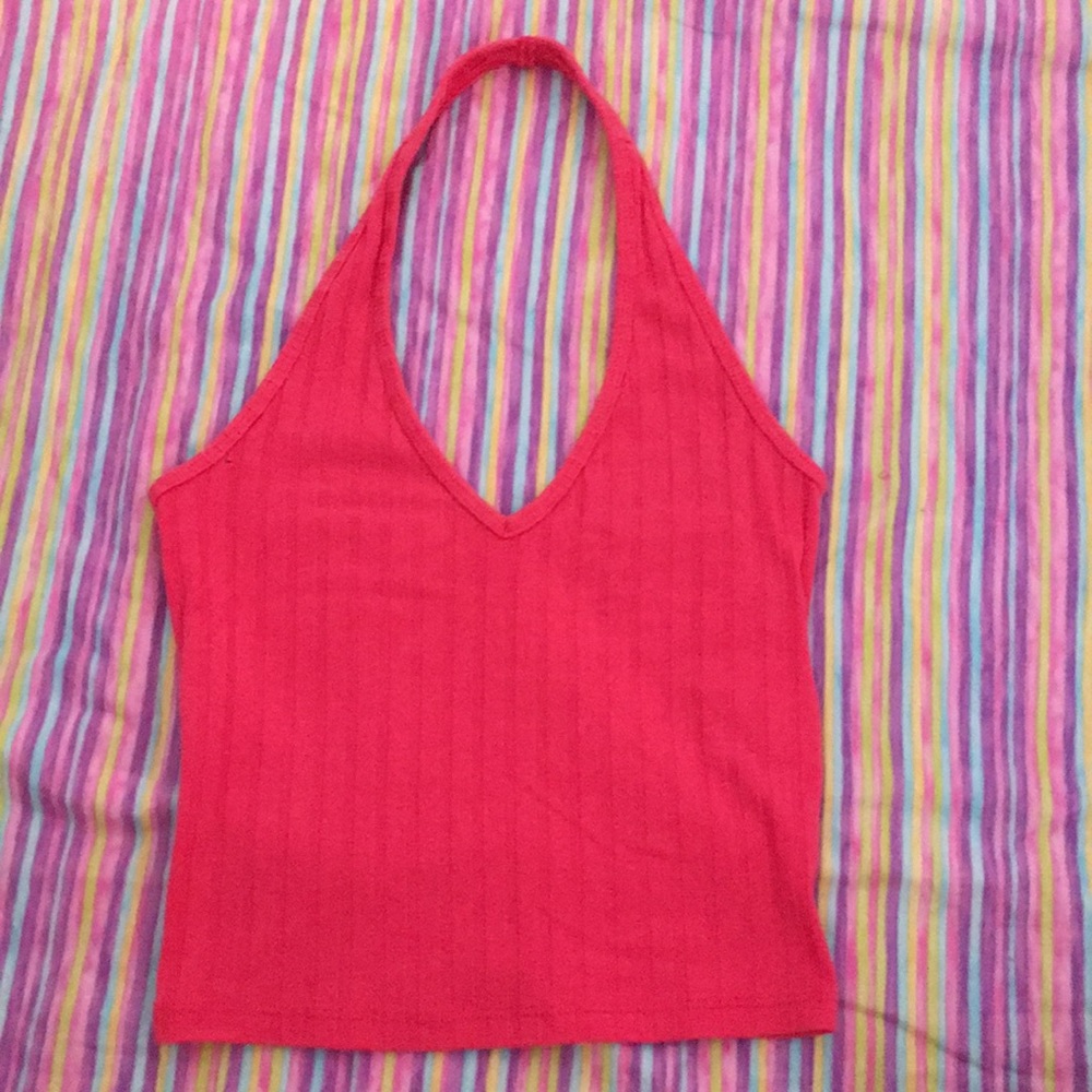 Hot pink/coral cropped halter top (hollister)